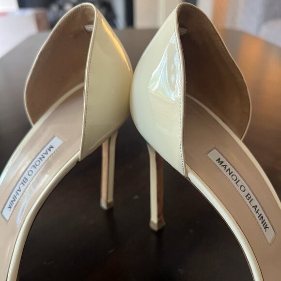 Manolo Blahnik Catalina Open Toe Heels Size 41 Patent Leather Beige Cream 4.5" - Picture 3 of 8
